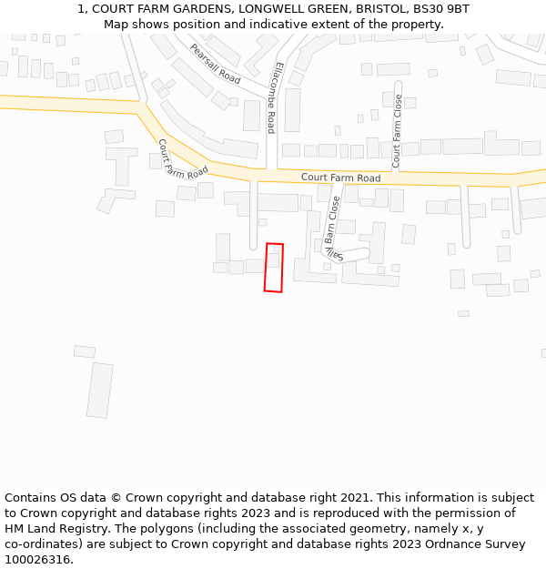 1, COURT FARM GARDENS, LONGWELL GREEN, BRISTOL, BS30 9BT: Location map and indicative extent of plot