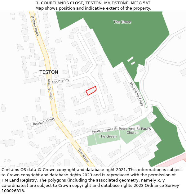 1, COURTLANDS CLOSE, TESTON, MAIDSTONE, ME18 5AT: Location map and indicative extent of plot