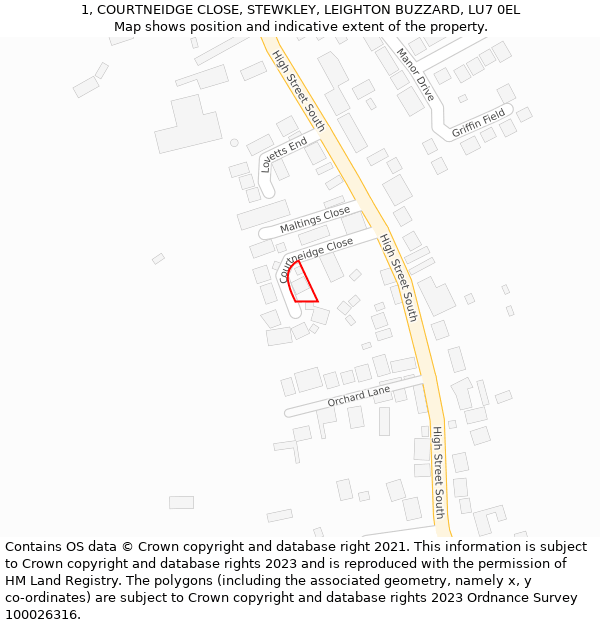 1, COURTNEIDGE CLOSE, STEWKLEY, LEIGHTON BUZZARD, LU7 0EL: Location map and indicative extent of plot