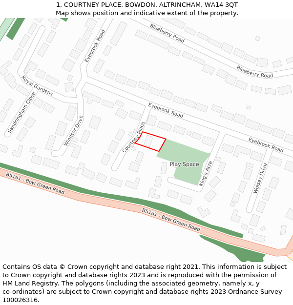 1, COURTNEY PLACE, BOWDON, ALTRINCHAM, WA14 3QT: Location map and indicative extent of plot