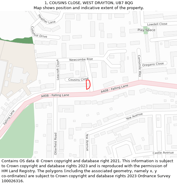 1, COUSINS CLOSE, WEST DRAYTON, UB7 8QG: Location map and indicative extent of plot