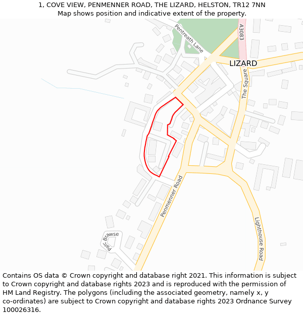 1, COVE VIEW, PENMENNER ROAD, THE LIZARD, HELSTON, TR12 7NN: Location map and indicative extent of plot