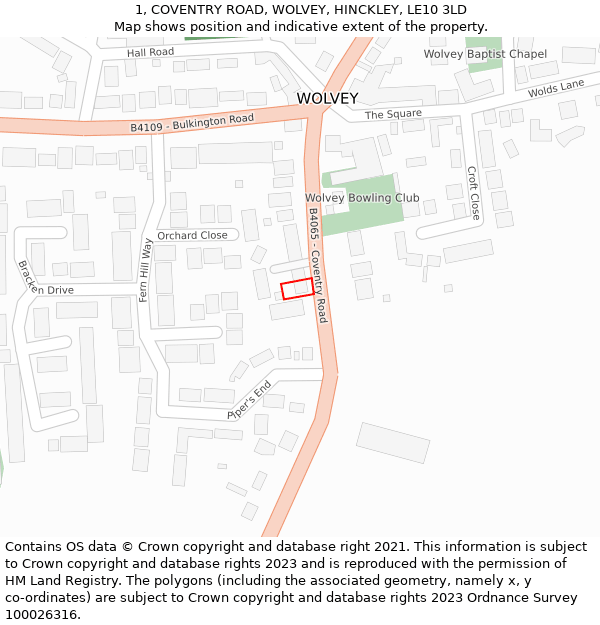 1, COVENTRY ROAD, WOLVEY, HINCKLEY, LE10 3LD: Location map and indicative extent of plot