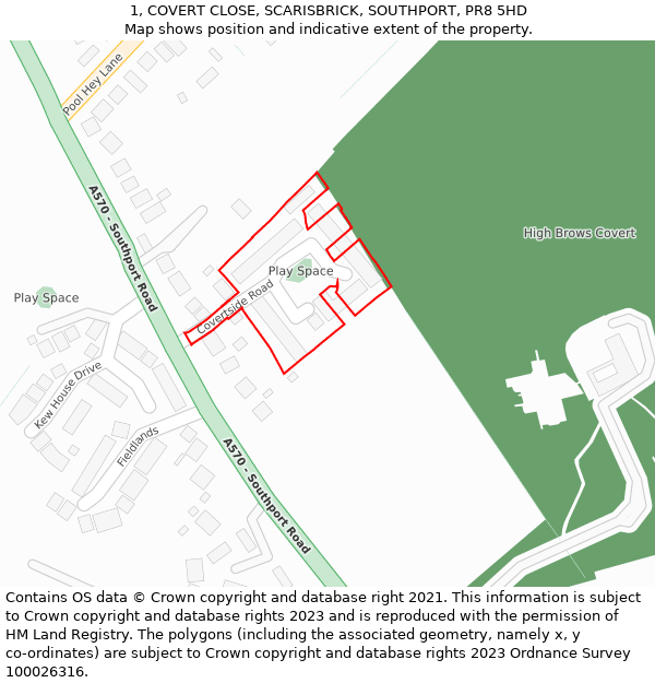 1, COVERT CLOSE, SCARISBRICK, SOUTHPORT, PR8 5HD: Location map and indicative extent of plot