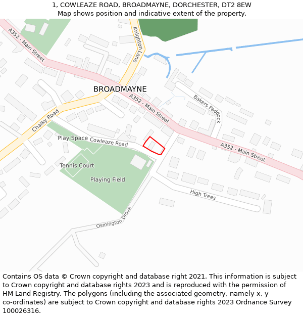 1, COWLEAZE ROAD, BROADMAYNE, DORCHESTER, DT2 8EW: Location map and indicative extent of plot