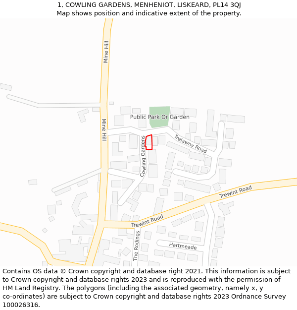 1, COWLING GARDENS, MENHENIOT, LISKEARD, PL14 3QJ: Location map and indicative extent of plot