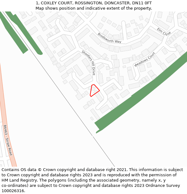 1, COXLEY COURT, ROSSINGTON, DONCASTER, DN11 0FT: Location map and indicative extent of plot