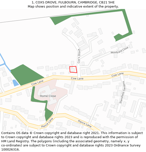 1, COXS DROVE, FULBOURN, CAMBRIDGE, CB21 5HE: Location map and indicative extent of plot