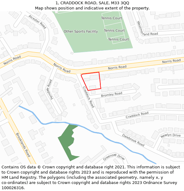 1, CRADDOCK ROAD, SALE, M33 3QQ: Location map and indicative extent of plot