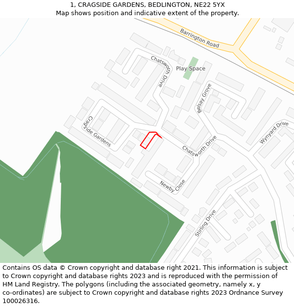 1, CRAGSIDE GARDENS, BEDLINGTON, NE22 5YX: Location map and indicative extent of plot