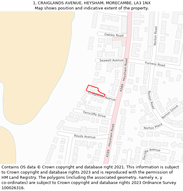 1, CRAIGLANDS AVENUE, HEYSHAM, MORECAMBE, LA3 1NX: Location map and indicative extent of plot