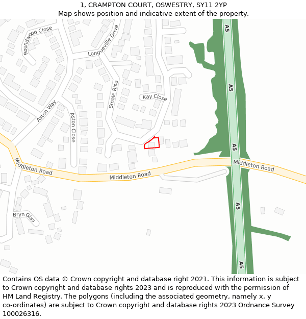 1, CRAMPTON COURT, OSWESTRY, SY11 2YP: Location map and indicative extent of plot