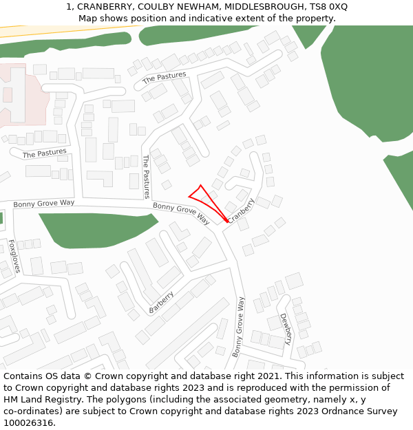 1, CRANBERRY, COULBY NEWHAM, MIDDLESBROUGH, TS8 0XQ: Location map and indicative extent of plot