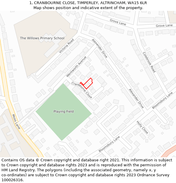 1, CRANBOURNE CLOSE, TIMPERLEY, ALTRINCHAM, WA15 6LR: Location map and indicative extent of plot
