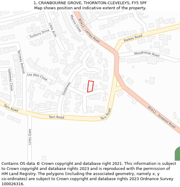 1, CRANBOURNE GROVE, THORNTON-CLEVELEYS, FY5 5PF: Location map and indicative extent of plot