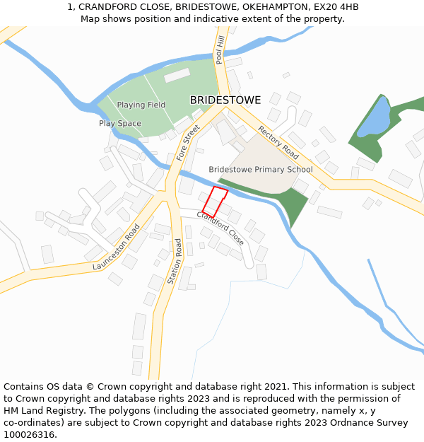 1, CRANDFORD CLOSE, BRIDESTOWE, OKEHAMPTON, EX20 4HB: Location map and indicative extent of plot