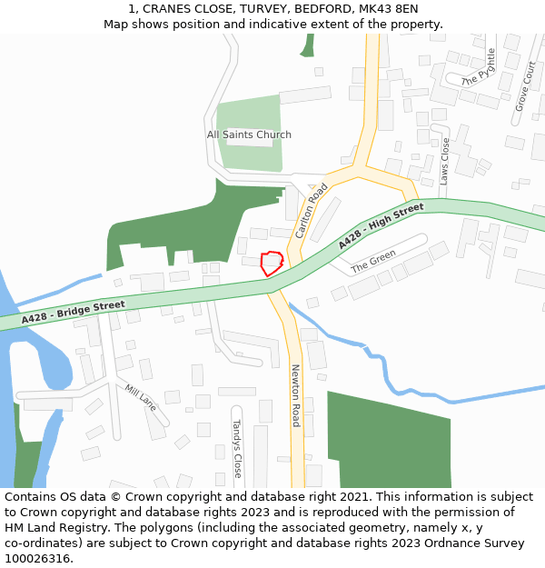 1, CRANES CLOSE, TURVEY, BEDFORD, MK43 8EN: Location map and indicative extent of plot