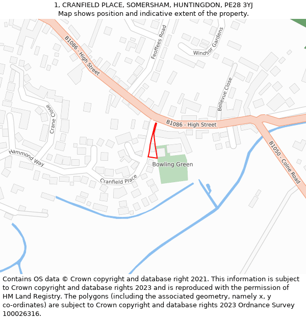 1, CRANFIELD PLACE, SOMERSHAM, HUNTINGDON, PE28 3YJ: Location map and indicative extent of plot