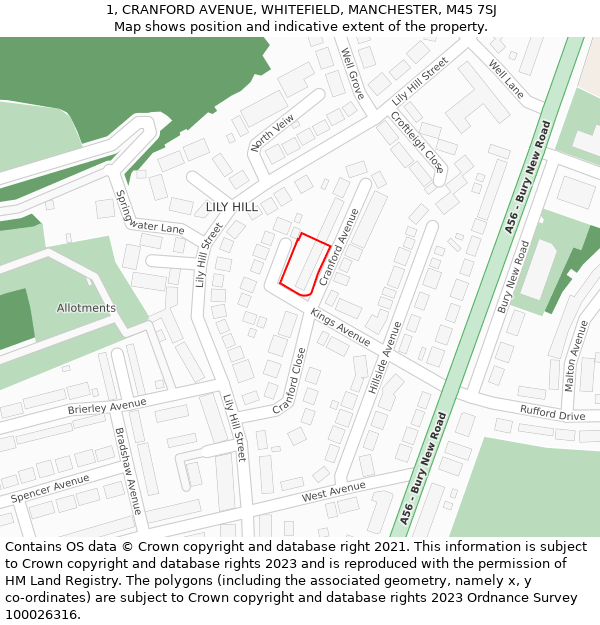 1, CRANFORD AVENUE, WHITEFIELD, MANCHESTER, M45 7SJ: Location map and indicative extent of plot