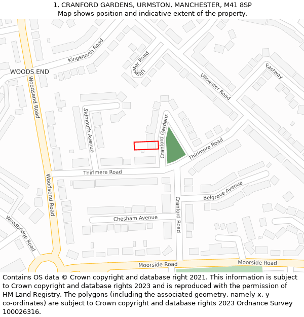 1, CRANFORD GARDENS, URMSTON, MANCHESTER, M41 8SP: Location map and indicative extent of plot