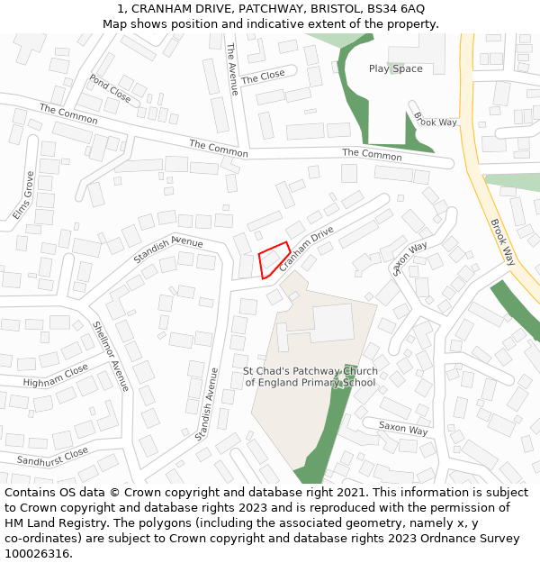 1, CRANHAM DRIVE, PATCHWAY, BRISTOL, BS34 6AQ: Location map and indicative extent of plot