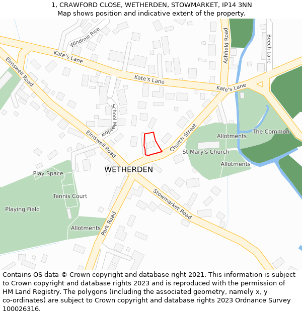 1, CRAWFORD CLOSE, WETHERDEN, STOWMARKET, IP14 3NN: Location map and indicative extent of plot