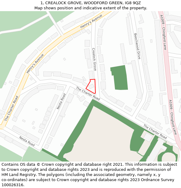 1, CREALOCK GROVE, WOODFORD GREEN, IG8 9QZ: Location map and indicative extent of plot