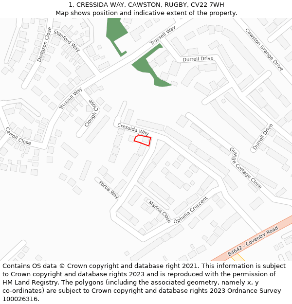 1, CRESSIDA WAY, CAWSTON, RUGBY, CV22 7WH: Location map and indicative extent of plot