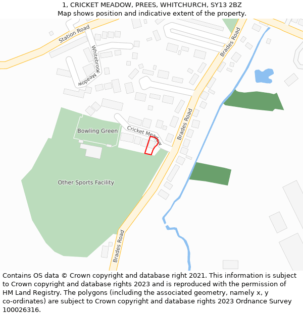 1, CRICKET MEADOW, PREES, WHITCHURCH, SY13 2BZ: Location map and indicative extent of plot