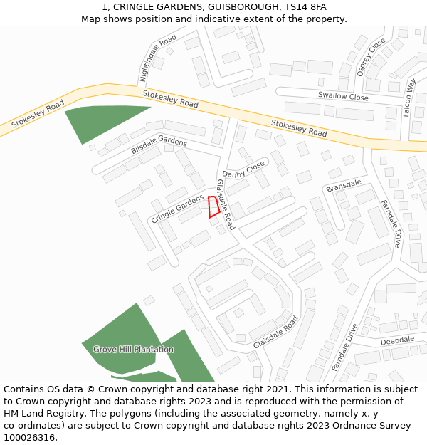 1, CRINGLE GARDENS, GUISBOROUGH, TS14 8FA: Location map and indicative extent of plot