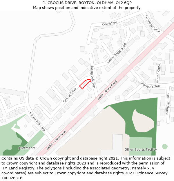 1, CROCUS DRIVE, ROYTON, OLDHAM, OL2 6QP: Location map and indicative extent of plot