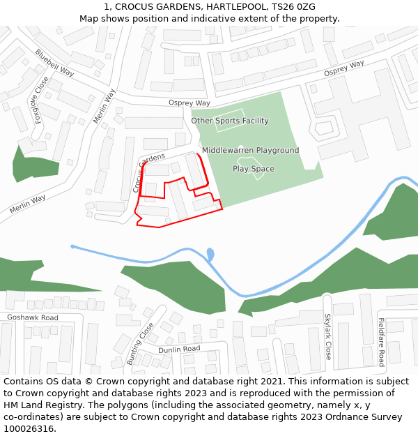 1, CROCUS GARDENS, HARTLEPOOL, TS26 0ZG: Location map and indicative extent of plot