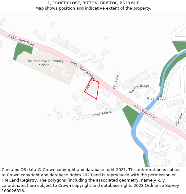 1, CROFT CLOSE, BITTON, BRISTOL, BS30 6HF: Location map and indicative extent of plot