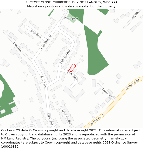 1, CROFT CLOSE, CHIPPERFIELD, KINGS LANGLEY, WD4 9PA: Location map and indicative extent of plot