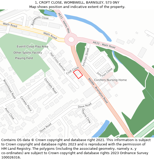 1, CROFT CLOSE, WOMBWELL, BARNSLEY, S73 0NY: Location map and indicative extent of plot