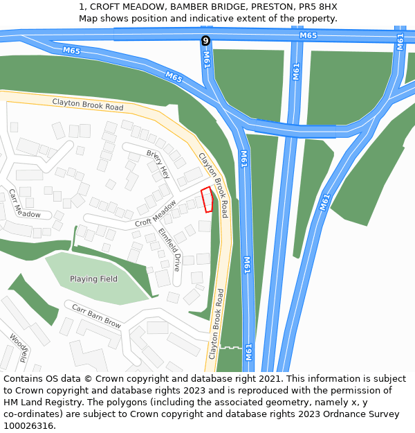 1, CROFT MEADOW, BAMBER BRIDGE, PRESTON, PR5 8HX: Location map and indicative extent of plot