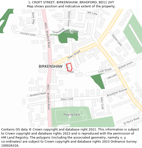 1, CROFT STREET, BIRKENSHAW, BRADFORD, BD11 2HT: Location map and indicative extent of plot