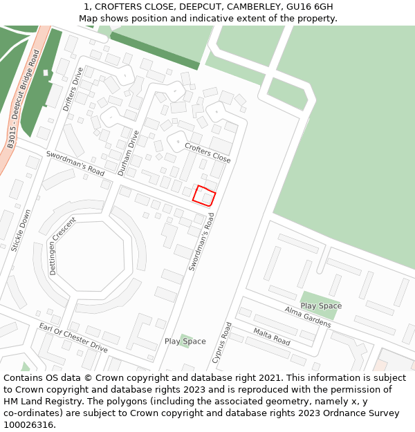 1, CROFTERS CLOSE, DEEPCUT, CAMBERLEY, GU16 6GH: Location map and indicative extent of plot