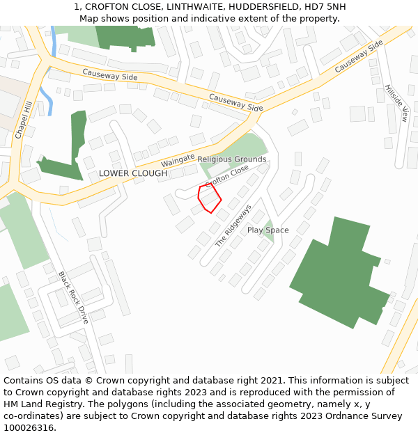 1, CROFTON CLOSE, LINTHWAITE, HUDDERSFIELD, HD7 5NH: Location map and indicative extent of plot