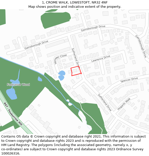 1, CROME WALK, LOWESTOFT, NR32 4NF: Location map and indicative extent of plot