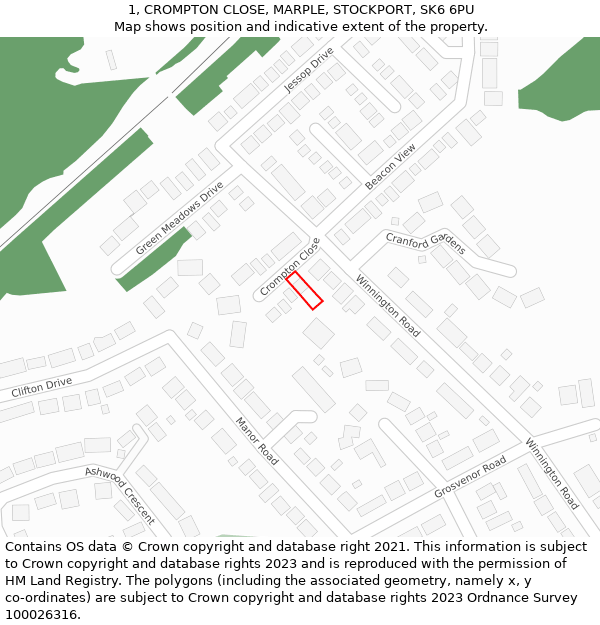 1, CROMPTON CLOSE, MARPLE, STOCKPORT, SK6 6PU: Location map and indicative extent of plot