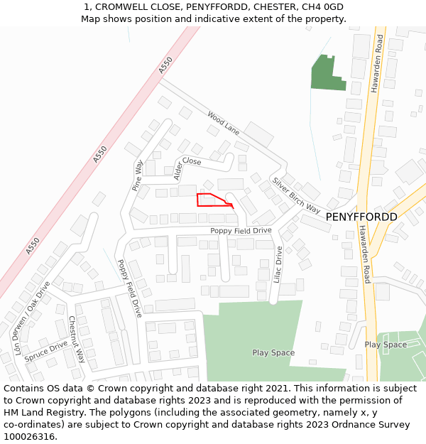 1, CROMWELL CLOSE, PENYFFORDD, CHESTER, CH4 0GD: Location map and indicative extent of plot