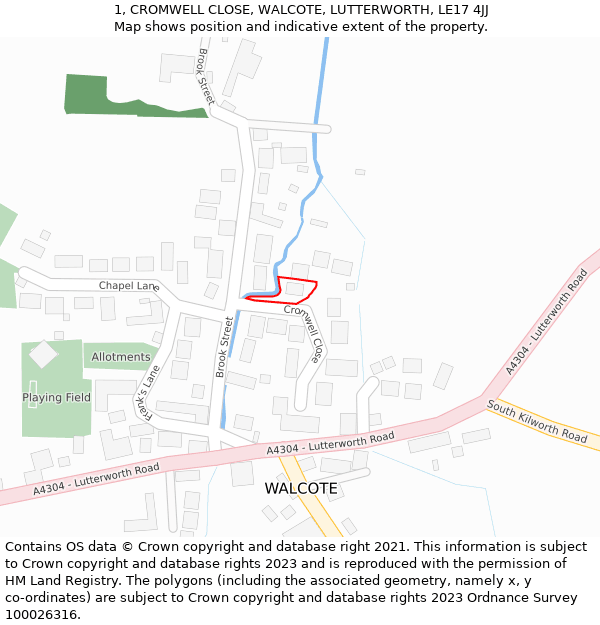 1, CROMWELL CLOSE, WALCOTE, LUTTERWORTH, LE17 4JJ: Location map and indicative extent of plot