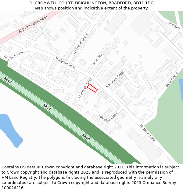 1, CROMWELL COURT, DRIGHLINGTON, BRADFORD, BD11 1DG: Location map and indicative extent of plot