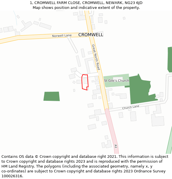 1, CROMWELL FARM CLOSE, CROMWELL, NEWARK, NG23 6JD: Location map and indicative extent of plot