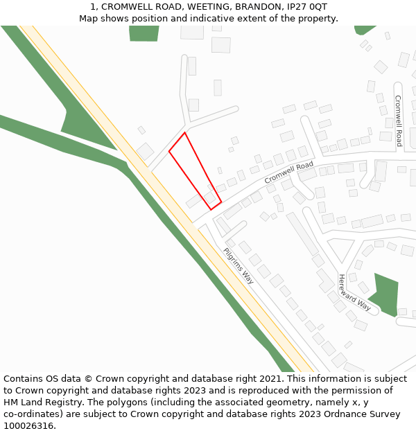 1, CROMWELL ROAD, WEETING, BRANDON, IP27 0QT: Location map and indicative extent of plot