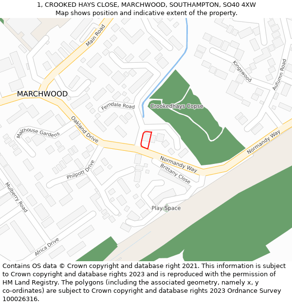 1, CROOKED HAYS CLOSE, MARCHWOOD, SOUTHAMPTON, SO40 4XW: Location map and indicative extent of plot