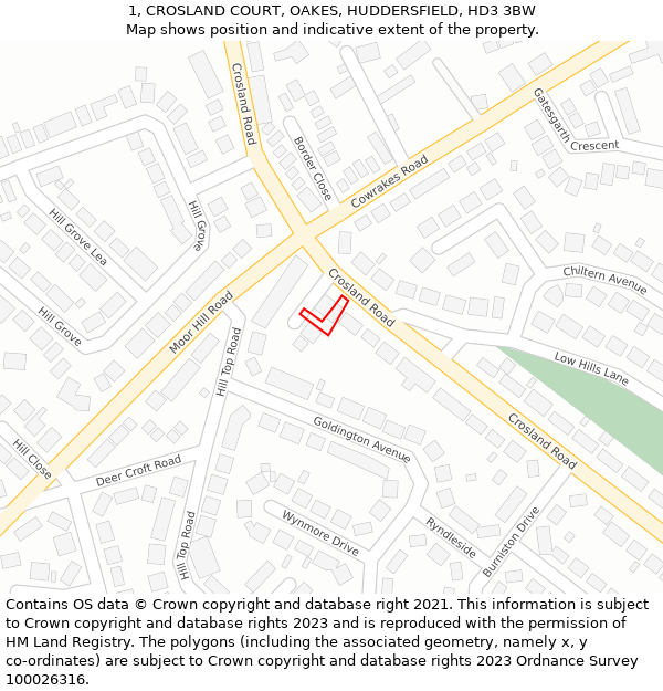 1, CROSLAND COURT, OAKES, HUDDERSFIELD, HD3 3BW: Location map and indicative extent of plot