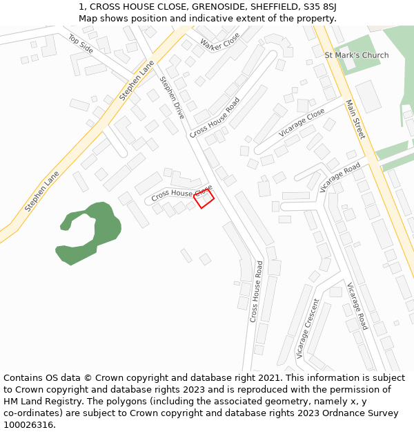 1, CROSS HOUSE CLOSE, GRENOSIDE, SHEFFIELD, S35 8SJ: Location map and indicative extent of plot
