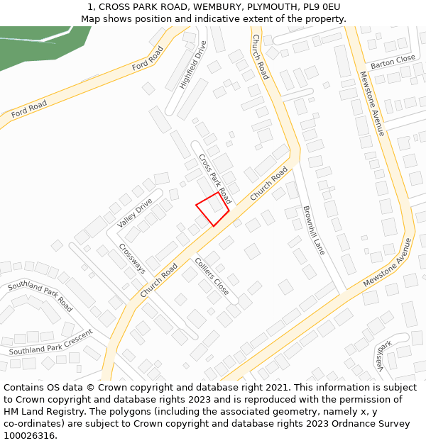 1, CROSS PARK ROAD, WEMBURY, PLYMOUTH, PL9 0EU: Location map and indicative extent of plot